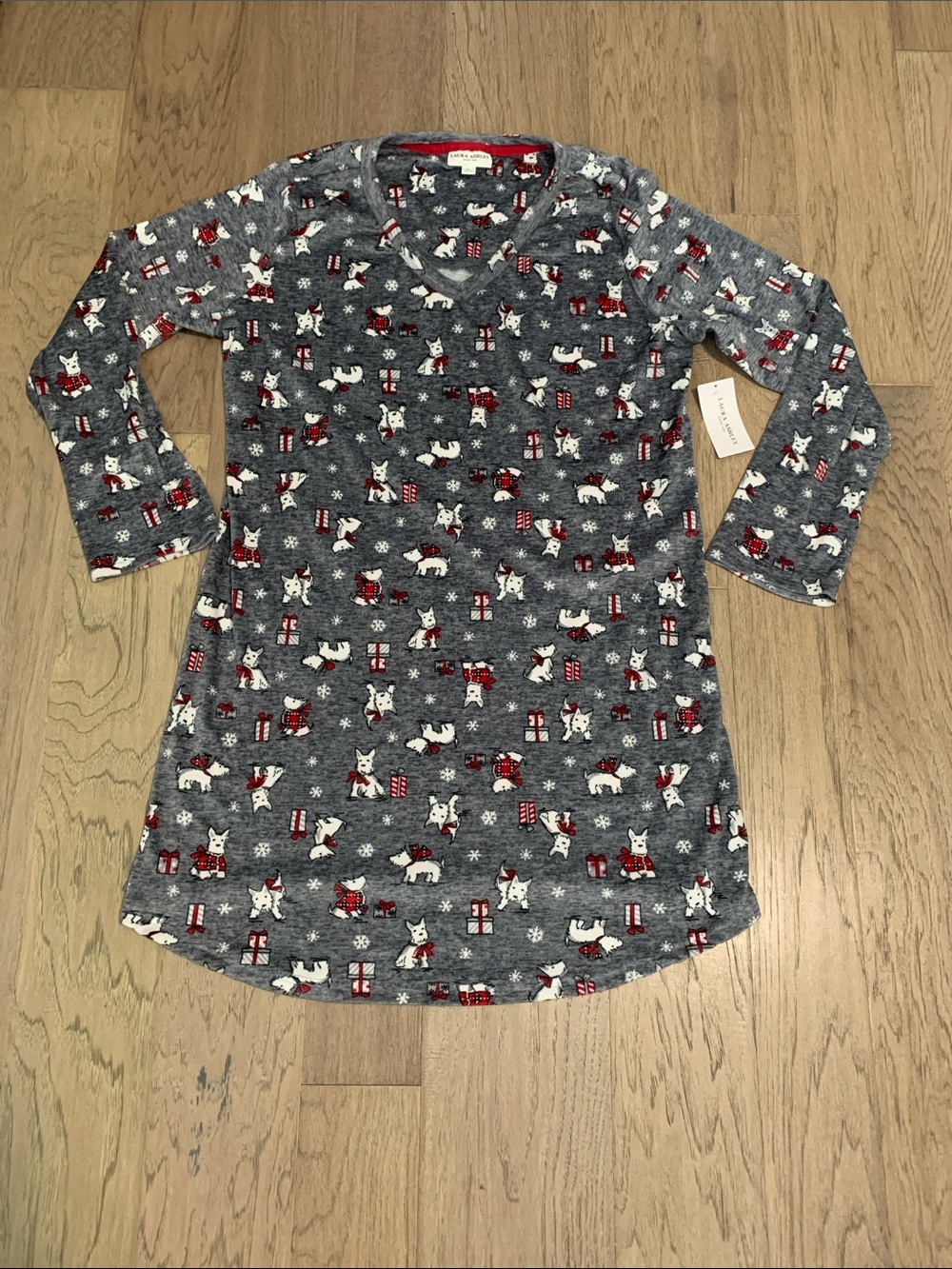 NWT Laura Ashley Grey Holiday Dog Print Long-Sleeve Nightgown Size Large